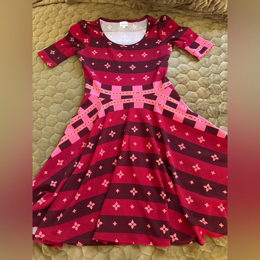 LuLaRoe Burgundy and Pink Fit and Flare Casual Dress